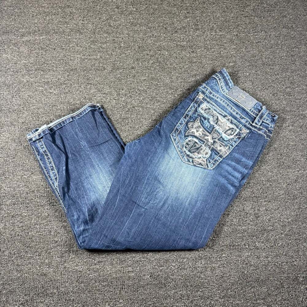 Y2K Miss Me Mid-Rise Easy Crop Jeans Size 36 Blue Embroidered Distressed